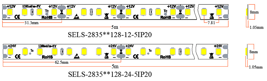 2835 24V/12V LED Strip Lights for Room 5Years Warranty