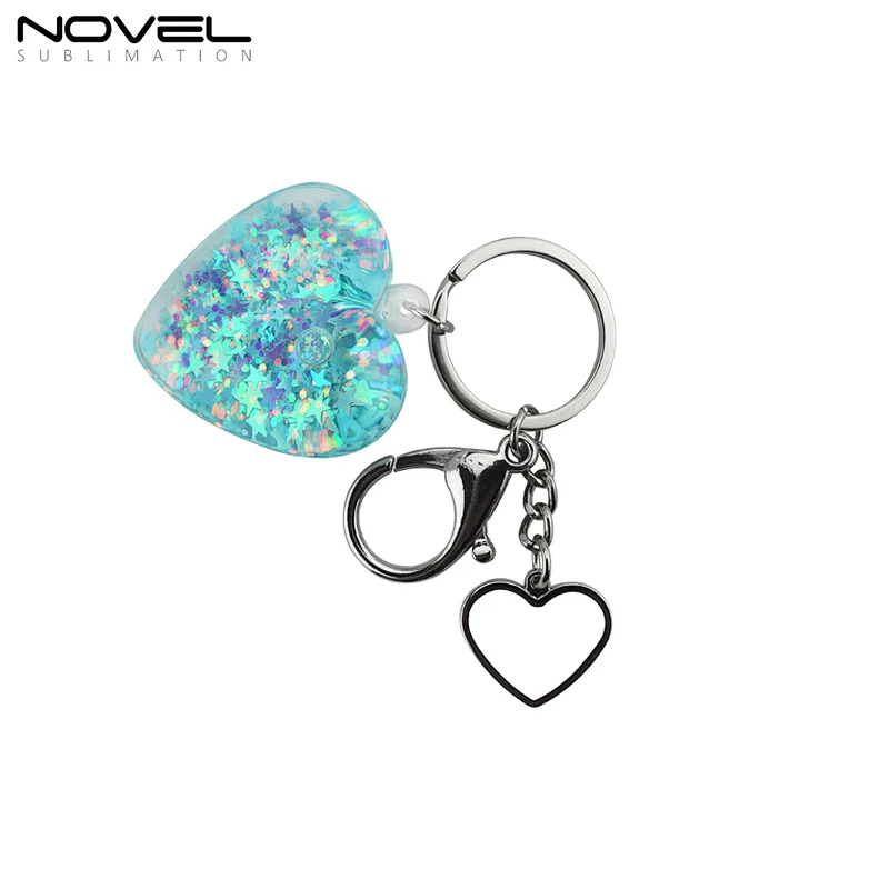 Glitter Liquid Star shape Quicksand pendant  with heart sublimation  metal keychain