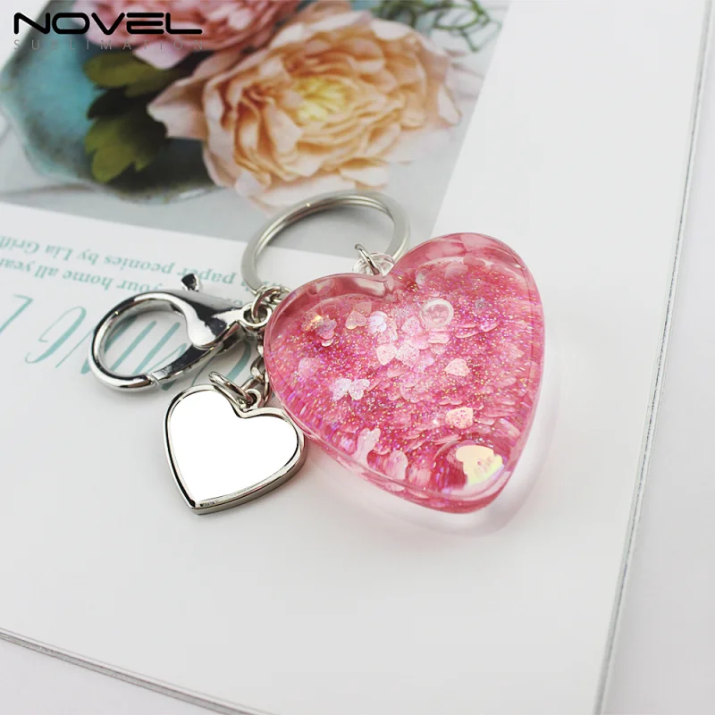 Heat Transfer Blank heart style quicksand keyring with diy heart pendant