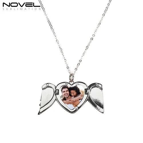 Custom Printed Necklace with Angel Wing Design Christmas Gift Silver Chain Pendant Jewelry Sublimation Blank Wing Heart Necklace