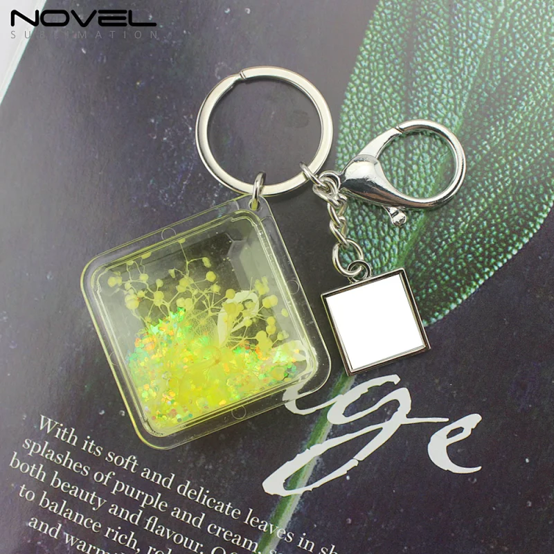 Custom logo printing metal keyring with square quicksand