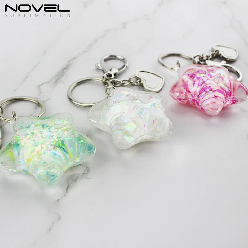 2019 New Sublimation Star style with heart pendant quicksand keyring