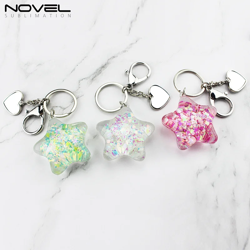 2019 New Sublimation Star style with heart pendant quicksand keyring