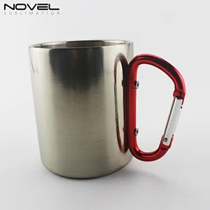 With Red Carabiner handle 300ml Silver Color Sublimation  Blank Stainless Steel Mug