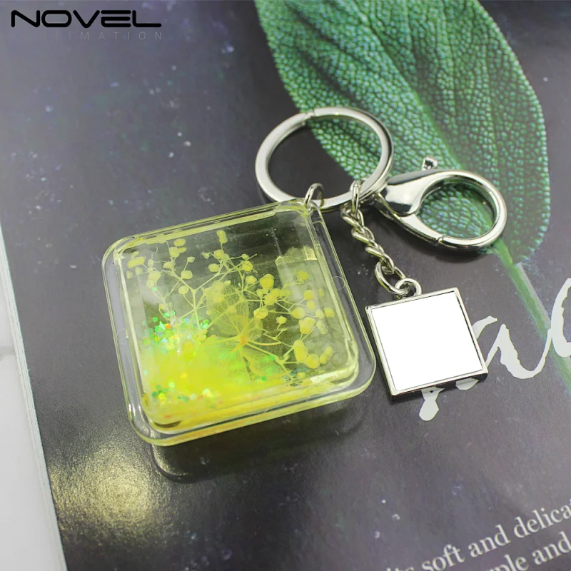 Custom logo printing metal keyring with square quicksand
