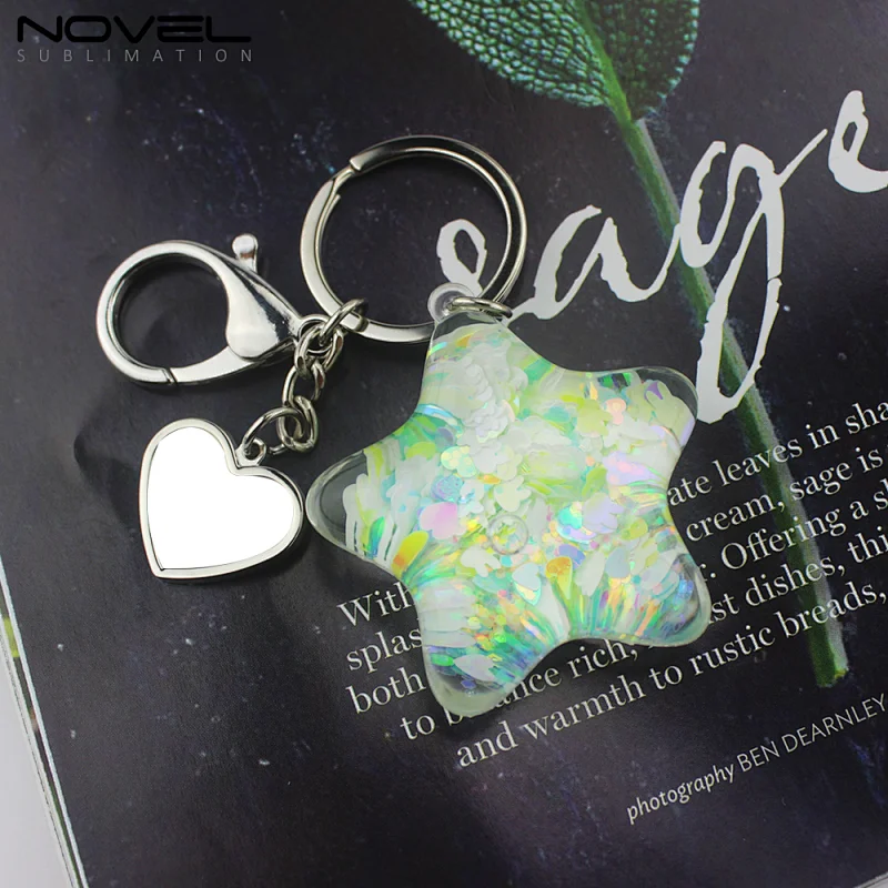 2019 New Sublimation Star style with heart pendant quicksand keyring
