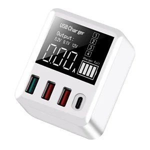 30W QC3.0 USB PD Cargador 4 puertos Adaptador de cargador para el hogar Pantalla digital Carga rápida Estación de carga inteligente para viajes