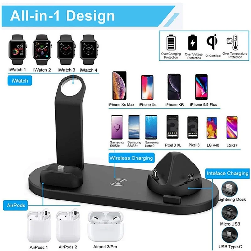 Fuente de alimentación de cargador rápido inalámbrico 4 en 1/accesorios de teléfono/USB/cargador estación de carga de reloj inteligente soporte de carga múltiple para Acc