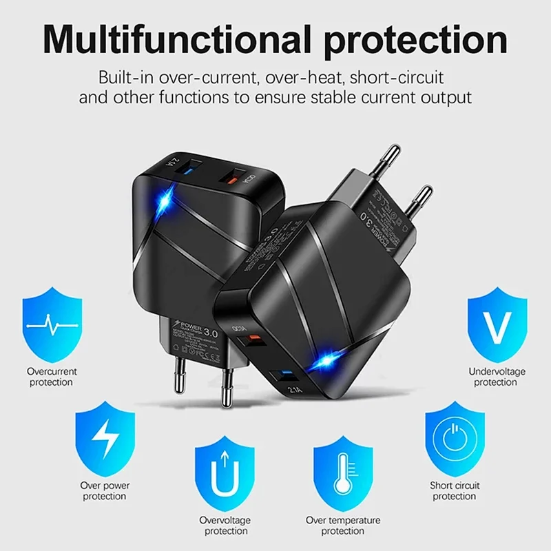 28W QC3.0+2.1A USB Mobile Phone Charger Fast Charging Dual-Port EU Plug/US Plug Fast Charging Head Travel Charger With LED