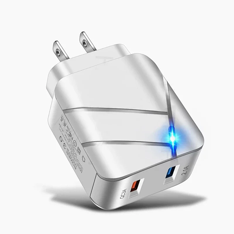28W QC3.0+2.1A USB Mobile Phone Charger Fast Charging Dual-Port EU Plug/US Plug Fast Charging Head Travel Charger With LED