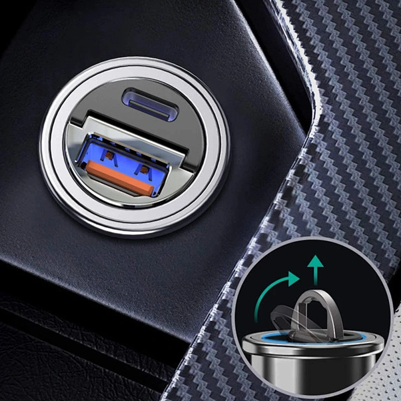 Pull Ring Dual USB Metal 20W Cargador de coche Nuevo QC3.0 Cargador de coche PD 30W Mini Cargador de coche