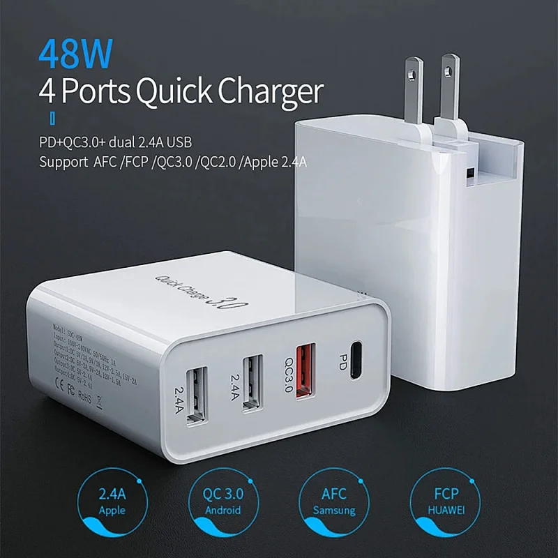 48W Quick Charger PD Charger For iPhone 13 12 Huawei Samsung Xiaomi Tablet Fast Wall Charger QC 4.0 3.0 US EU UK AU Plug Adapter