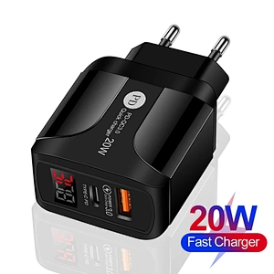 20W USB-C Quick Charger QC 3.0 Dual Ports with LED display Fast Phone Charge Wall Adapter