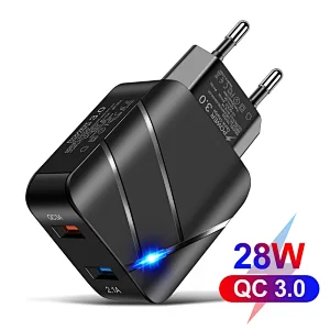 28W QC3.0+2.1A USB Mobile Phone Charger Fast Charging Dual-Port EU Plug/US Plug Fast Charging Head Travel Charger With LED