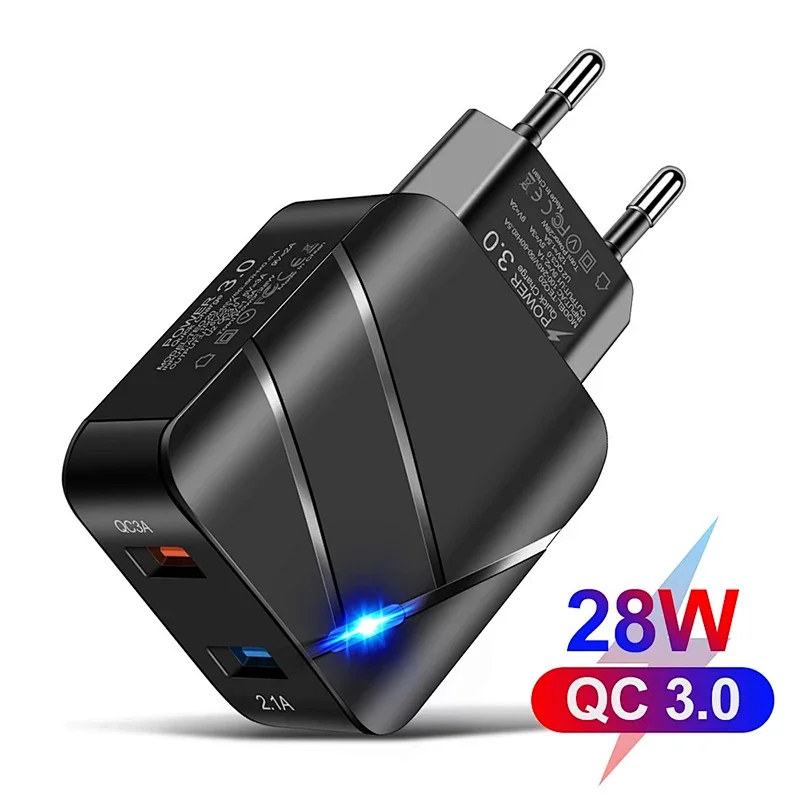 28W QC3.0+2.1A USB Mobile Phone Charger Fast Charging Dual-Port EU Plug/US Plug Fast Charging Head Travel Charger With LED
