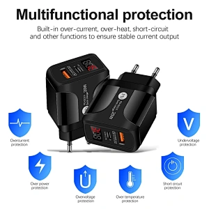 20W USB-C Cargador rápido QC 3.0 Puertos duales con pantalla LED Adaptador de pared de carga rápida para teléfono