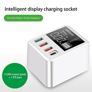 30W QC3.0 USB PD Charger 4 Ports Home Charger Adapter Digital Display Fast Charging Travel Smart Charging Station