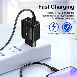 20W USB-C Quick Charger QC 3.0 Dual Ports with LED display Fast Phone Charge Wall Adapter