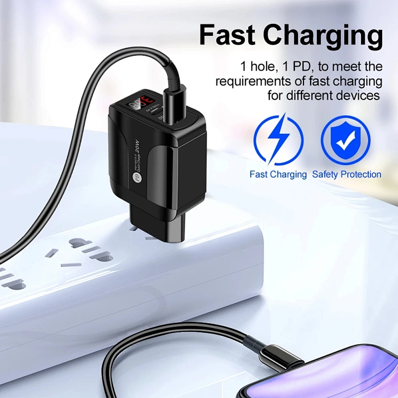 20W USB-C Cargador rápido QC 3.0 Puertos duales con pantalla LED Adaptador de pared de carga rápida para teléfono