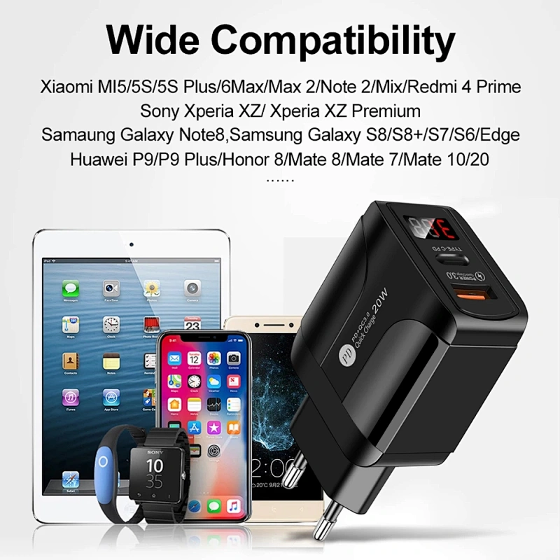 20W USB-C Cargador rápido QC 3.0 Puertos duales con pantalla LED Adaptador de pared de carga rápida para teléfono