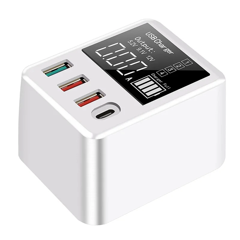 30W QC3.0 USB PD Charger 4 Ports Home Charger Adapter Digital Display Fast Charging Travel Smart Charging Station