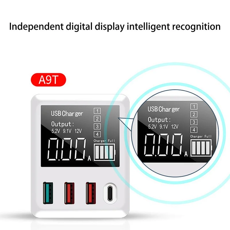 30W QC3.0 USB PD Charger 4 Ports Home Charger Adapter Digital Display Fast Charging Travel Smart Charging Station