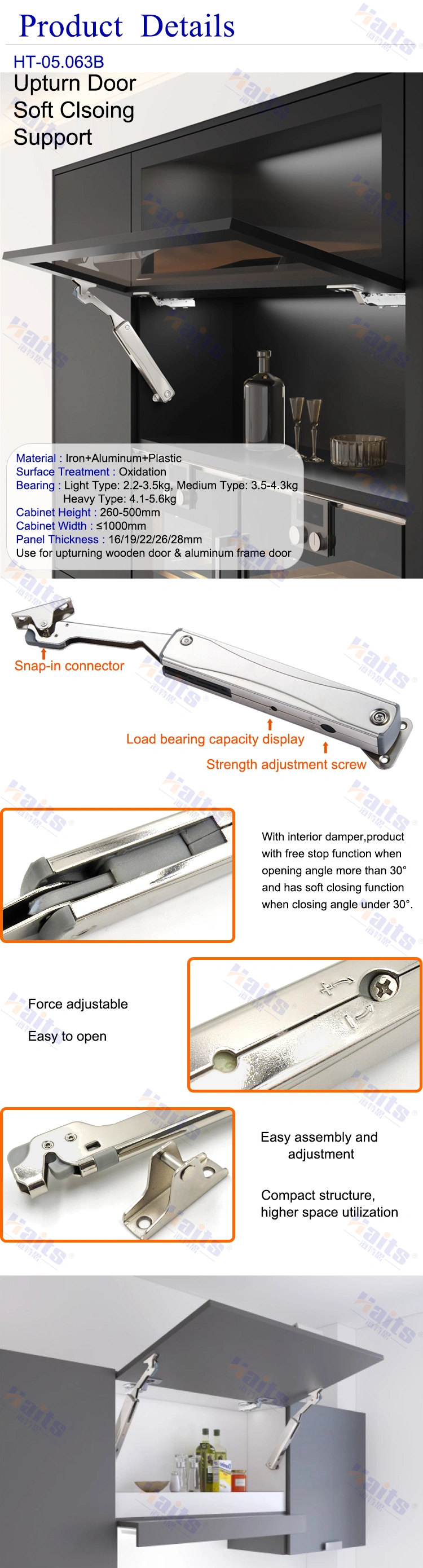 HT-05.063B Furniture Hardware Heavy Duty Cabinet Support In Right Angle Lift Cabinet Support Lift System Support Flap Stay