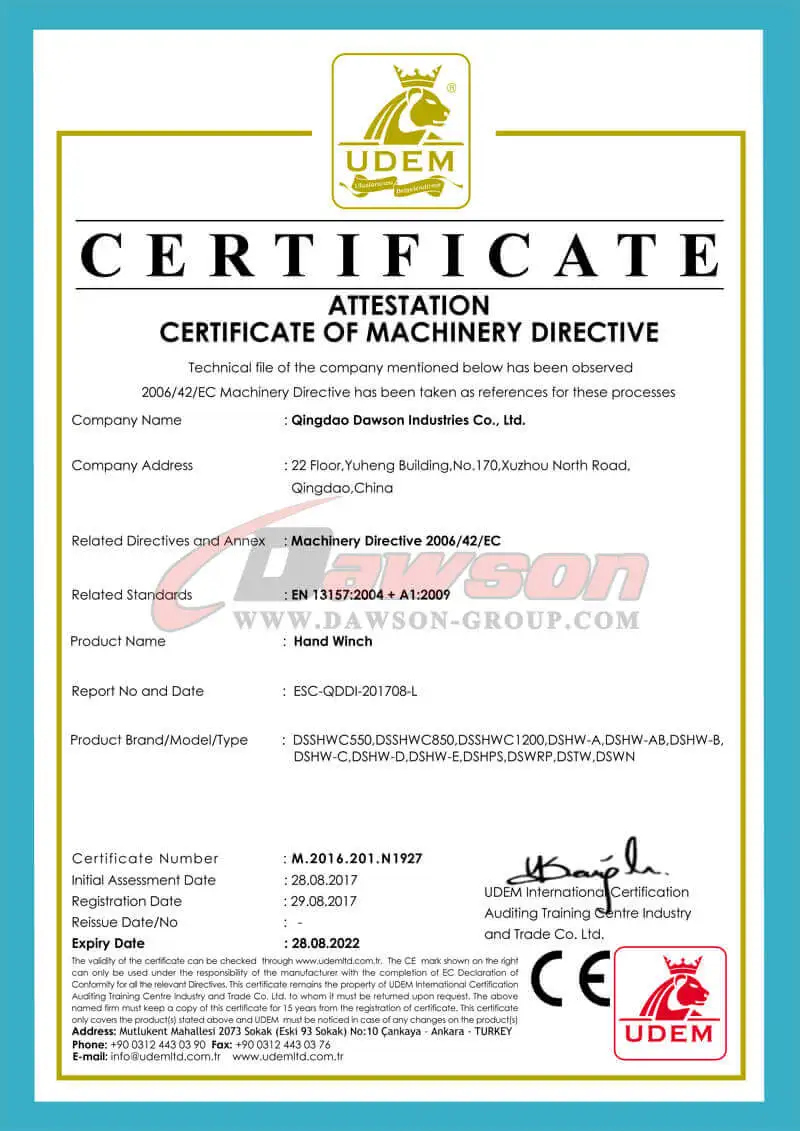 CE Certificate of Hand Winch