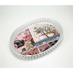 Beautiful oval dinner plastic food tray,hollow out decorative beautiful flowers plastic food serving tray