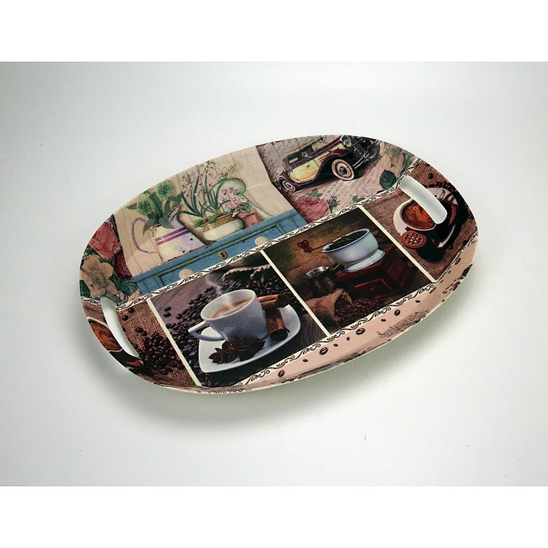 Deep well and high quality oval plastic tray promotion gift tray   full print with a handle plastic tray