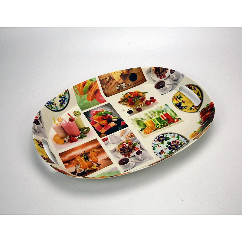 Deep well and high quality oval plastic tray promotion gift tray   full print with a handle plastic tray