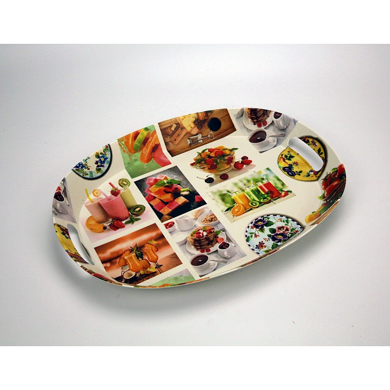 Deep well and high quality oval plastic tray promotion gift tray   full print with a handle plastic tray