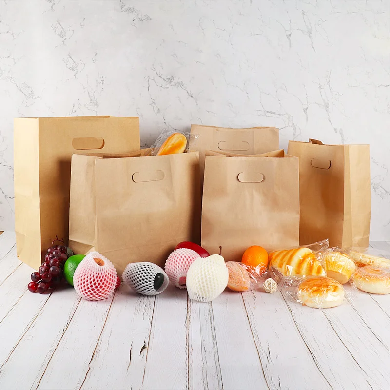 100% recyclable brown brand die cut kraft paper shopping packaging bag for takeaway food