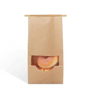 brown Kraft Paper Gusset Flat Bottom clear window Food Packaging bag with Tint Tie