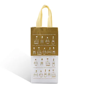 White gold luxury laminated small non-woven fabric tote shopping package wine bottle bags with custom printed