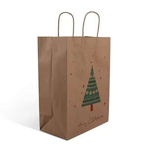 christmas small fancy brown kraft paper carry shopping packaging bag with handles for supermarket