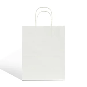 1MOQ guangzhou supply recyclable white brown brand flat handle kraft paper shopping grocery bag for packaging