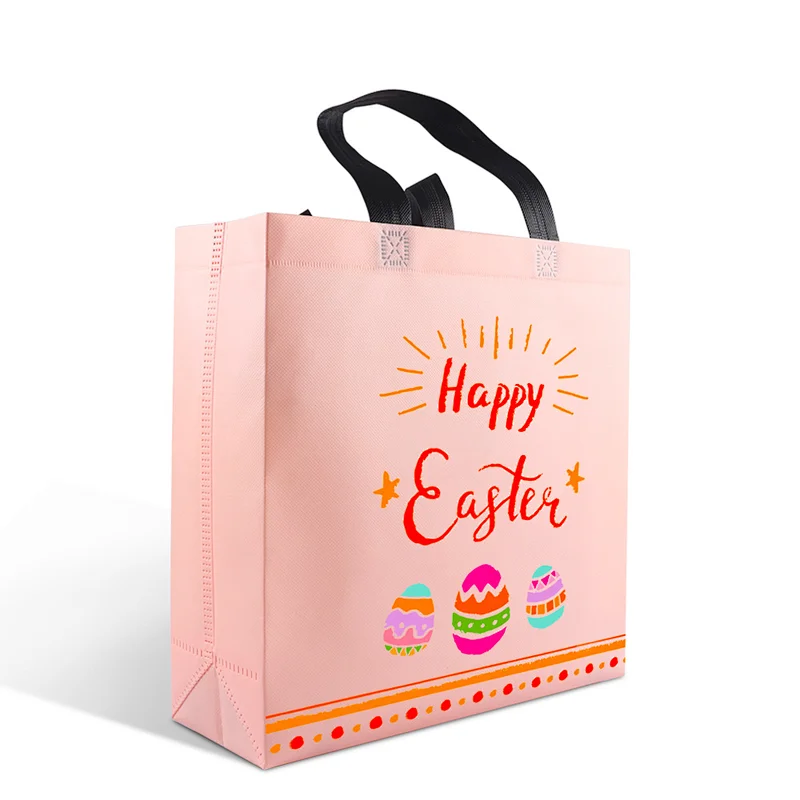 Fashion custom logo fine pink pp non woven fabric carry tote shopping gift bag for Happy Easter
