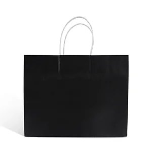 promotion high quality black kraft paper flat bottom drawstring packaging gift bags for shopping