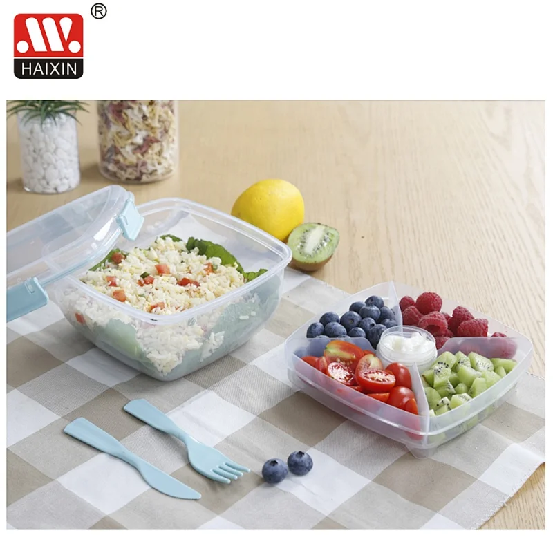4 Compartments Food Lunch Box with Sauce Cup and Cutlery Set