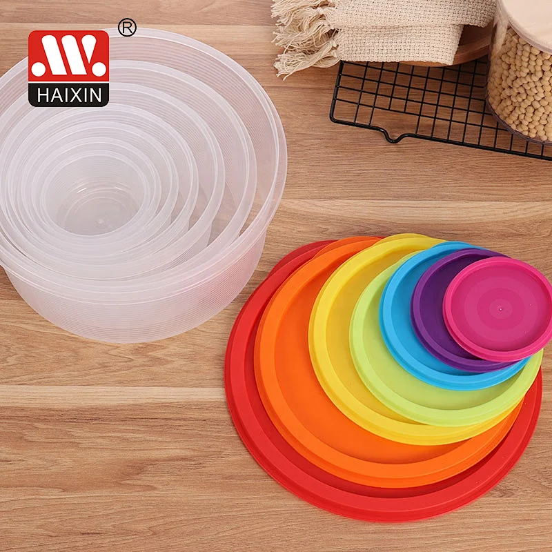 Set of 7 Round Plastic Food Containers with Colorful Lids