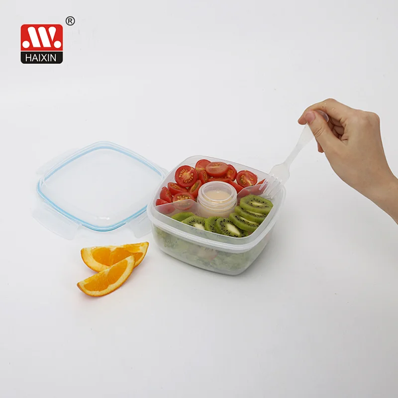 0.96L square snaplock airtight food container with fork knife