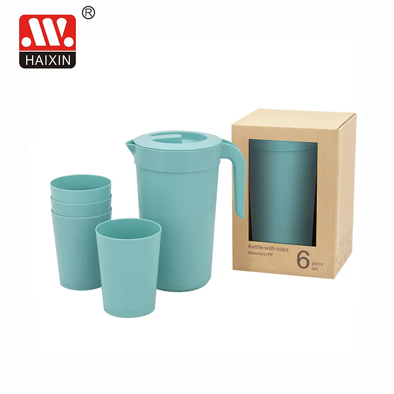 Plastic Covered Pitcher 1.8L with Handle and 4 Cups 0.38L Set Eco Box Packing