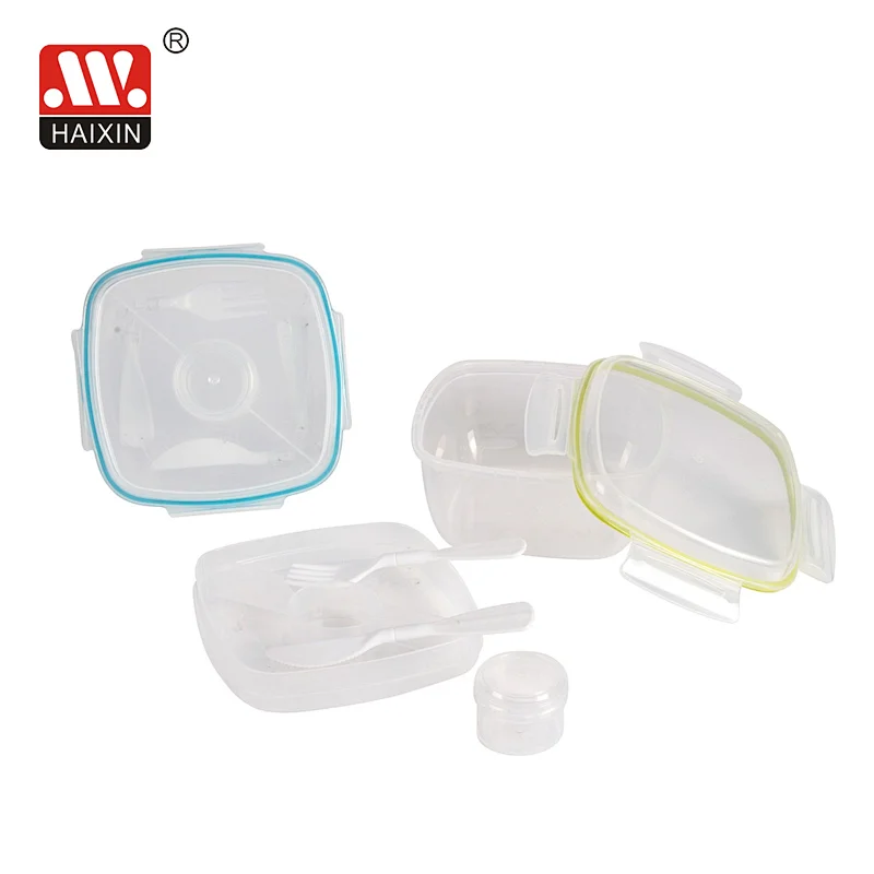 0.96L square snaplock airtight food container with fork knife