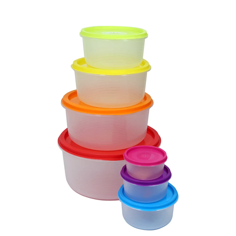 Set of 7 Round Plastic Food Containers with Colorful Lids