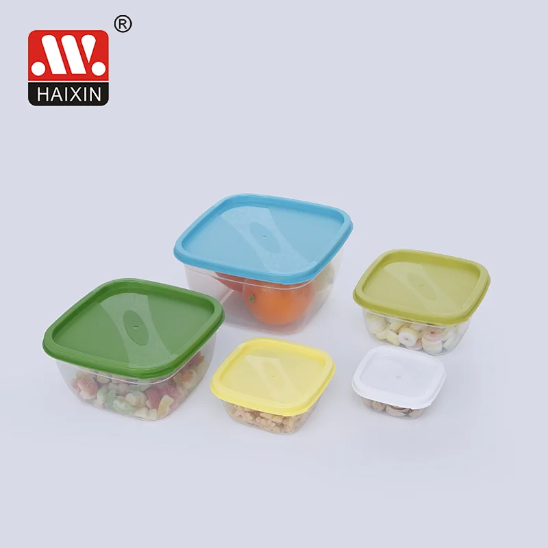 Set of 5 Plastic Food Storage Containers and Clear Bases and Color Lids