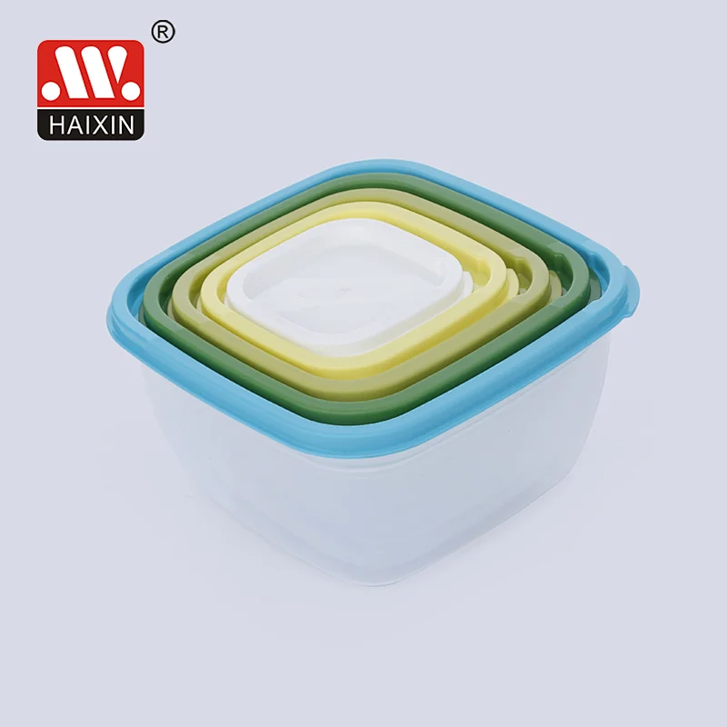 Set of 5 Plastic Food Storage Containers and Clear Bases and Color Lids