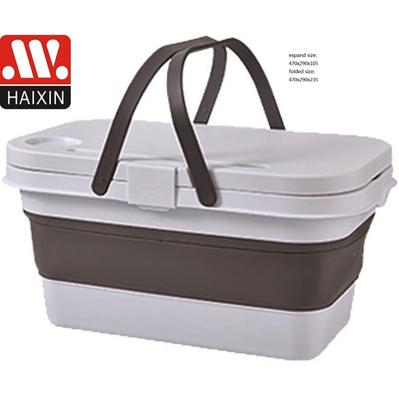 Foldable Picnic Basket with Lid,Tray Table, Collapsible Camping Basket Tub with Handle, Portable Basin Bucket for Camping BBQ