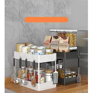 2 tier Kitchen Under Cabinet Countertop Organizers Storage Rack Basket with 10 Hooks and 4 Hanging Cup for Bathroom, Kitchen, Pantry