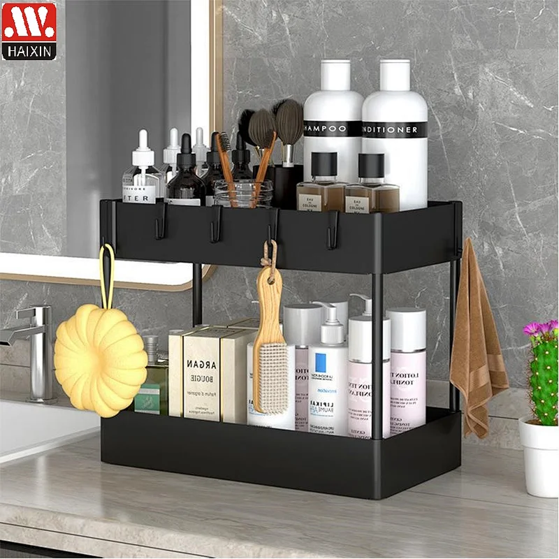 2 tier Kitchen Under Cabinet Countertop Organizers Storage Rack Basket with 10 Hooks and 4 Hanging Cup for Bathroom, Kitchen, Pantry